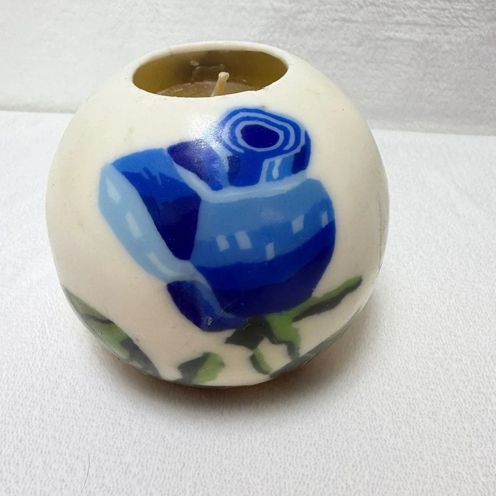 Lifelines Sculpted Candle Round Sphere Blue Floral Rose White Wax Art Decor